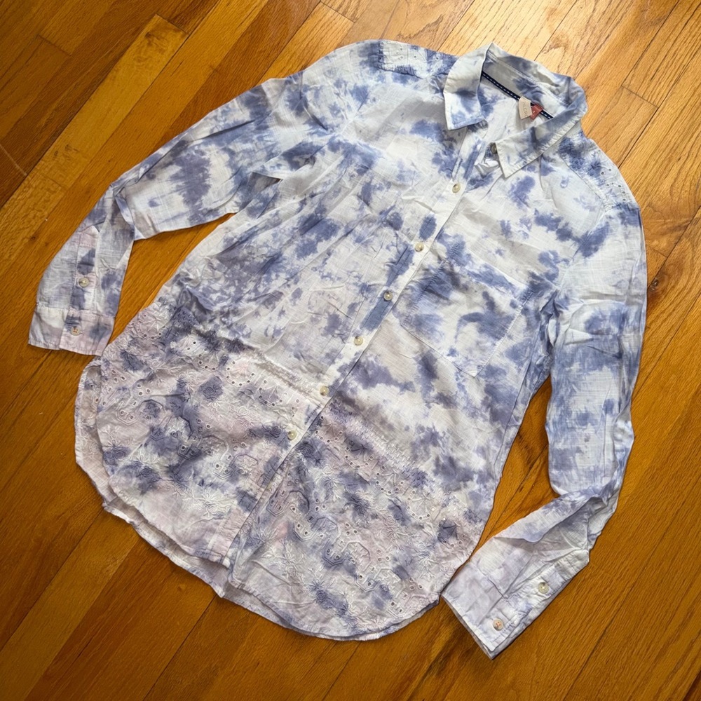 Pilcro Anthropologie Eyelet Button Up Shirt Purple S Beachy Boho Embroidered